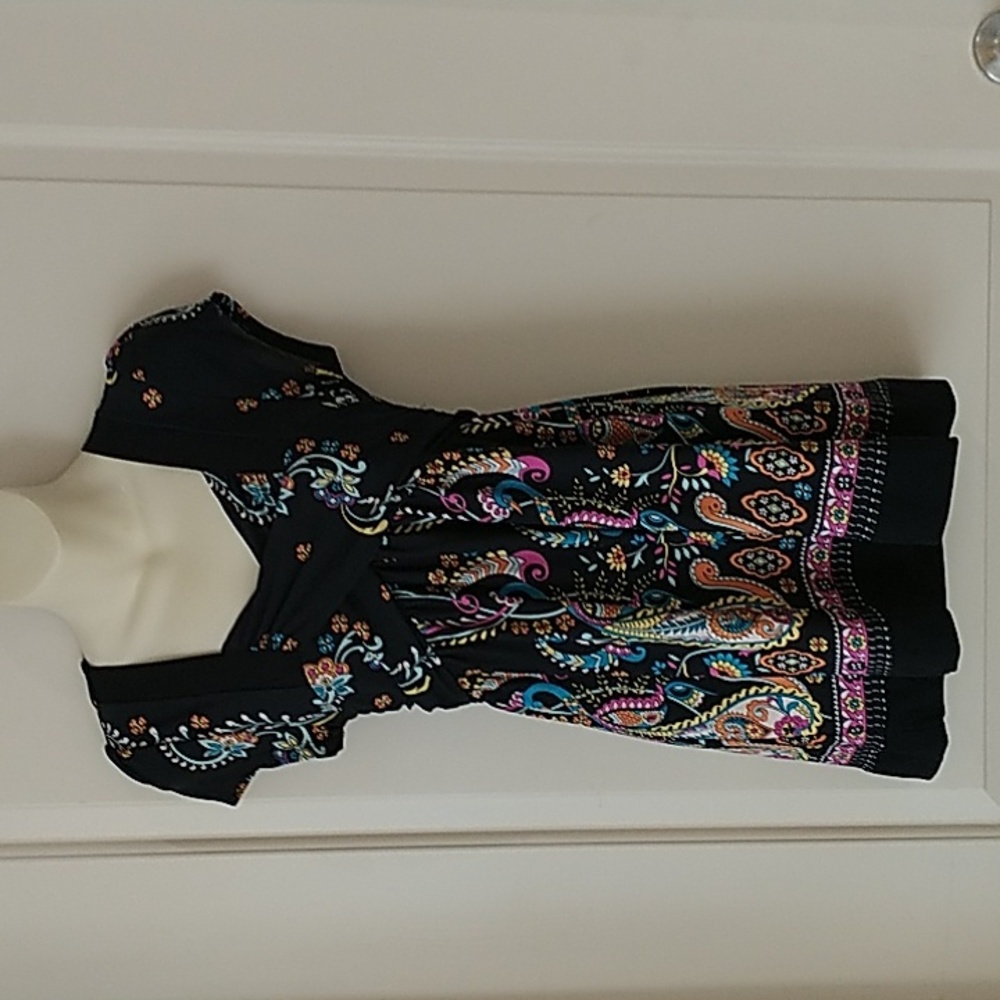 Anxiety Ladies Top sz Large Black with Multi Color Floral Paisley EUC